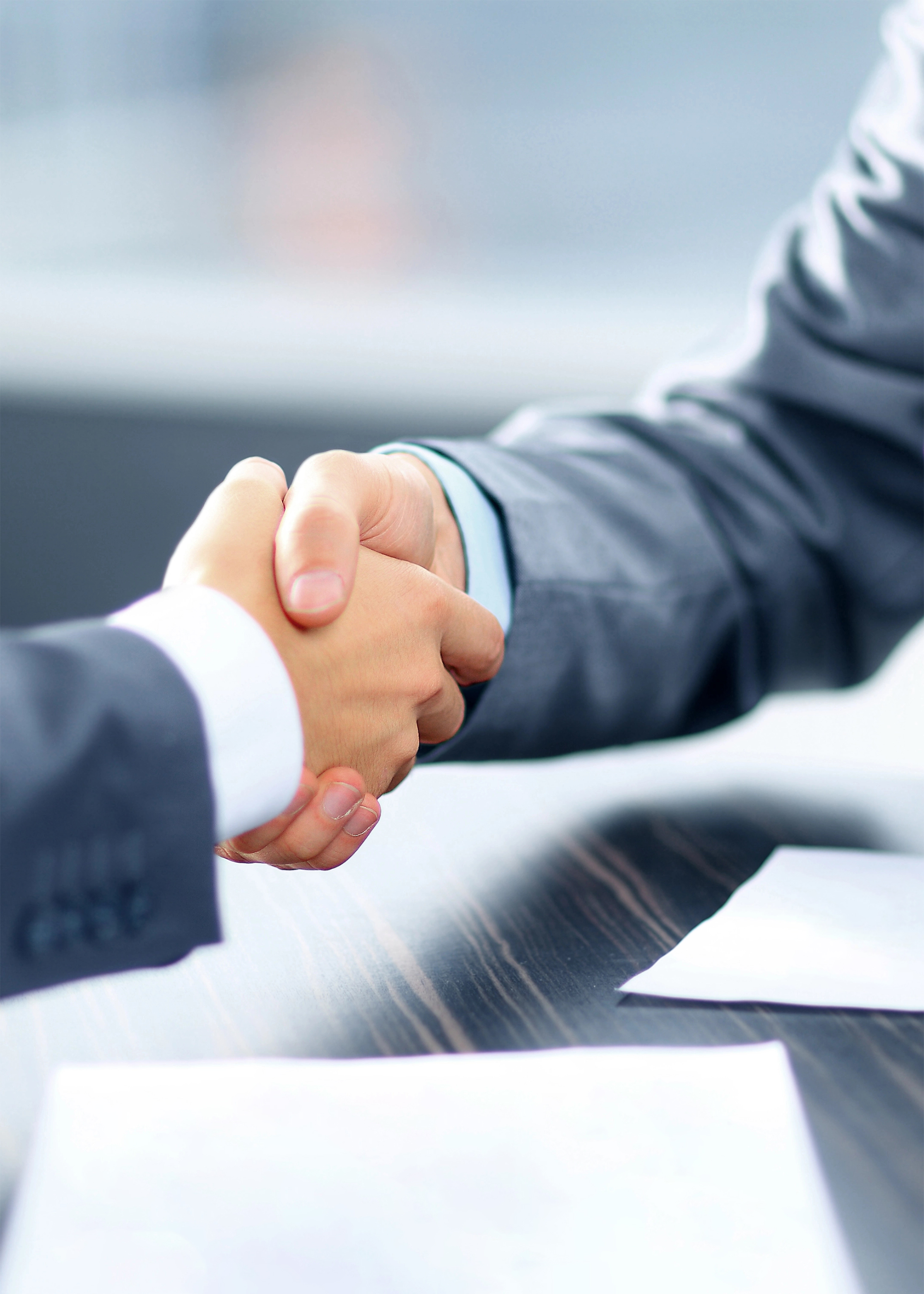 Two professionals shaking hands across a table, sealing a deal.